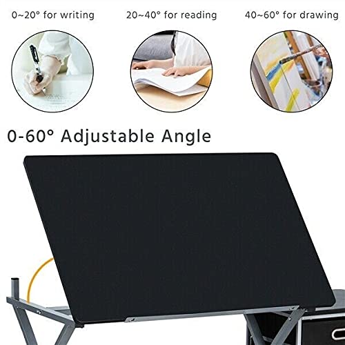 LCSA Drafting Table Drawing Table Adjustable Art Craft Desk w/Storage Drawers&Stool