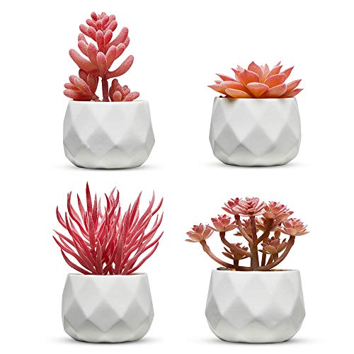Nordik Set of 4 Desk Plants - Office Decor for Women Desk, Indoor, Living Room, Bedroom, Home and Desk Decor – Pink Faux Succulents in White Geometric Ceramic Planters