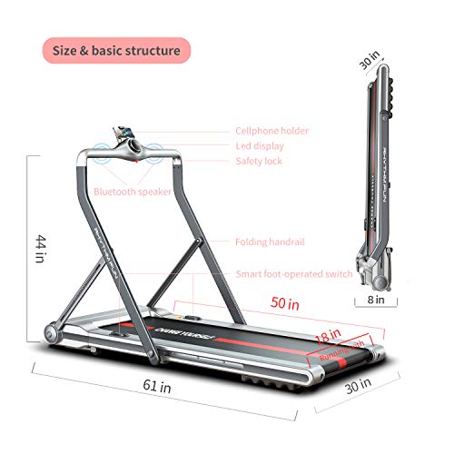 RHYTHM FUN Treadmill Folding Treadmill Under Desk Walking Treadmill with Foldable Handtrail Wide Tread Belt Super Slim Mini Quiet Home Treadmill with Smart Remote Control and Workout App (Silver)