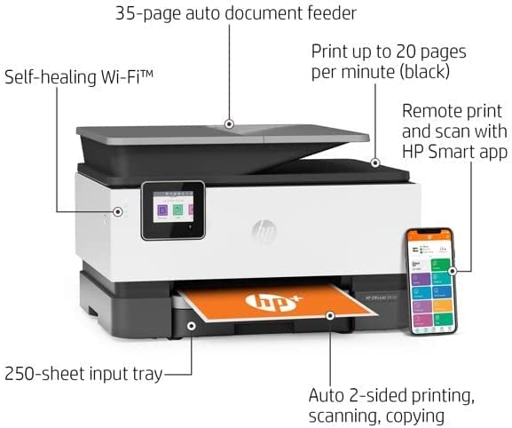 HP OfficeJet 9012e All-in-One Wireless Color Inkjet Printer, 2-Sided Printing Coping and Scaning, 35 Sheets ADF, WiFi USB Bluetooth Connectivity, 4800 x 1200 dpi, Black White, W/Silmarils Cable