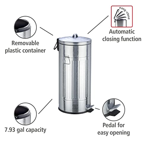 WENKO Step Trash Can with Lid and Pedal, Retro Metal Garbage Bin, for Kitchen, Office, Outdoor, Soft Close, 7.93 Gal, 12.2 x 27.17 x 12.2 in, Gray
