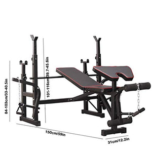 QAZQ Olympic Standard Weight Bench Press Bench with Squat Rack Stand, Leg Developer Extension, Preacher Curl, Barbell Dumbell Pad, for Strength Training Weightlifting Sit up Board Workout Station