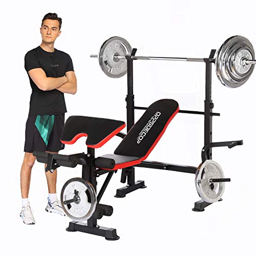 Olympic Weight Bench Multi-Function Adjustable Weight Bench with Preacher Curl Leg Developer Lifting Press Exercise for Full-Body Workout Home Gym Adjustable Weightlifting Bed (Red)