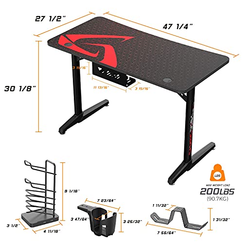 DESIGNA 60 inch Gaming Desk, Computer Desk with Mouse Pad, T-Shaped Professional Writing Table Workstation with USB Handle Rack & Cup Holder& Headphone Hook, Carbon Fiber Black