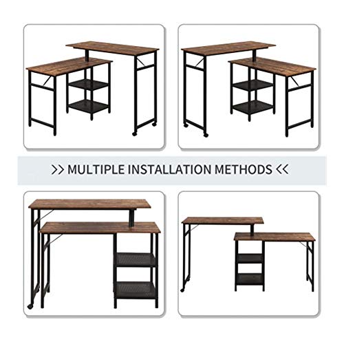 L-Shaped Home Office Rotating Standing Computer Desk, Modern Office Study Workstation, Industrial 360 Degrees Free Rotating Corner Computer Desk with Storage Shelf for Small Spaces (Brown)