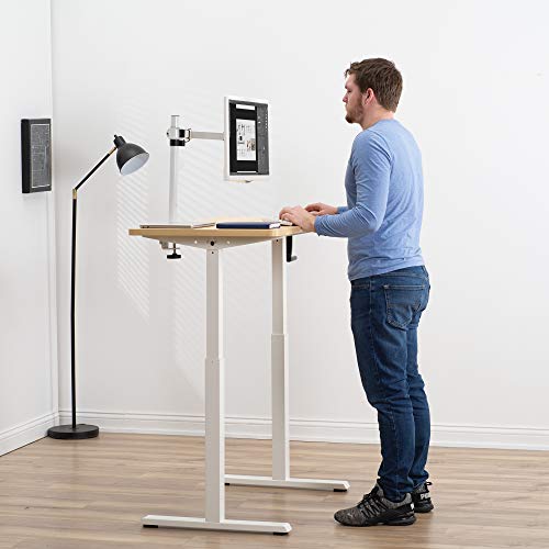 VIVO Manual Height Adjustable 43 x 24 inch Stand Up Desk, Light Wood Solid One-Piece Table Top, White Frame, Standing Workstation with Hand Crank, DESK-KIT-CW4C