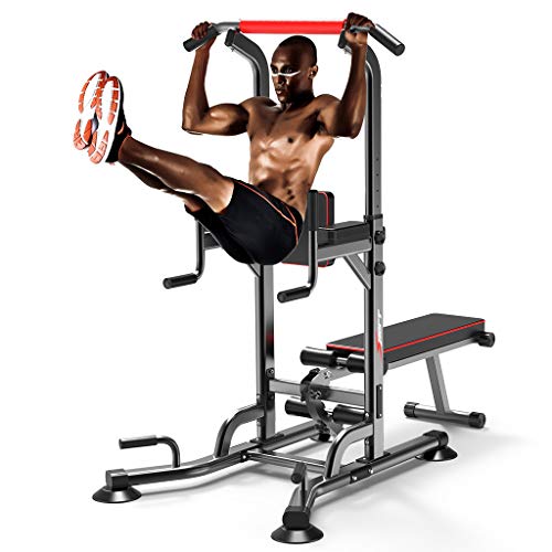 Tengma Power Tower with Bench, Pull Up Bar Dip Station, Height Adjustable Pull Up Tower for Home Gym Strength Training Exercise Workout Equipment, Support Up to 330LBS