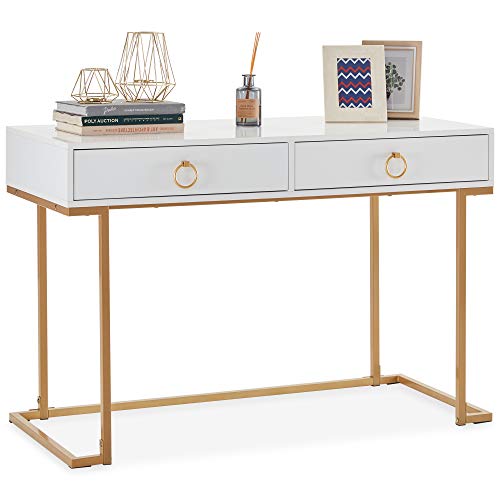 BELLEZE Two-Drawer Home Office Computer Desk Vanity Table, Wood and Metal, White & Gold