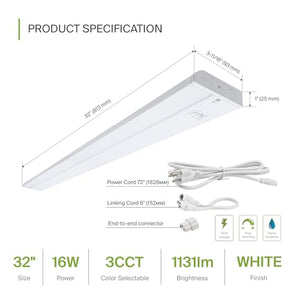 ASD LED Under Cabinet Lighting 32 Inch, Dimmable, 3 Color Levels, Linkable - White, 12 Pack