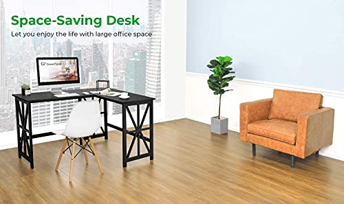 GreenForest L Shaped Desk and Ladder Shelf Bundle, Industrial Style Compact Design Home Office Furniture Set, Black
