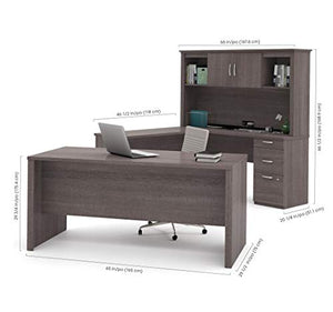 Bestar Logan U-Shaped Desk with Hutch, Lateral File Cabinet, and Bookcase in Bark Grey, 66W