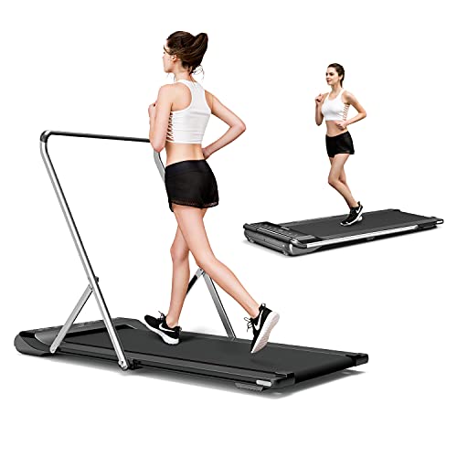 RHYTHM FUN Treadmill Under Desk Treadmill 2-in-1 Folding Running Walking Treadmill with Foldable Handtrail and Speed Sensor Light Slim Mini Quiet Treadmill with Smart Remote Workout App forHome/Office