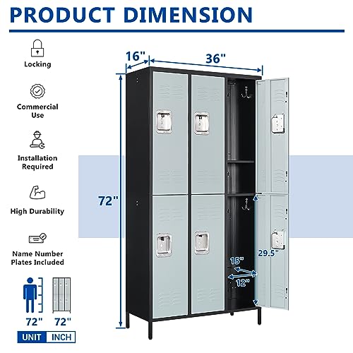 BYNSOE Metal Locker 6 Doors Employee Storage Cabinet School Hospital Gym Locker (Black Gray - 36" w)