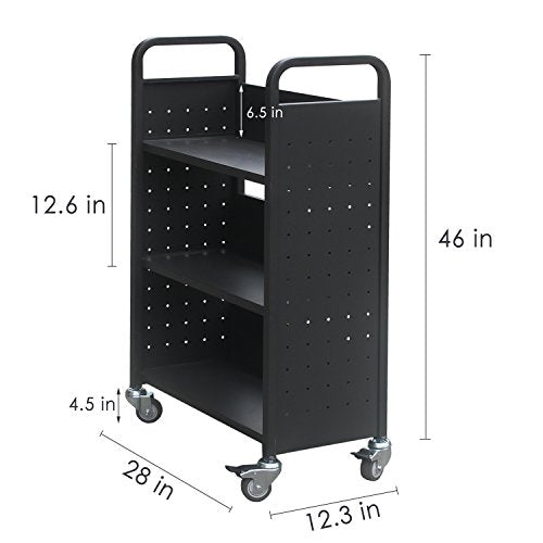 H&A Heavy Duty Book Cart with Wheels, Rolling Library Bookcase, 3 Shelves, Black
