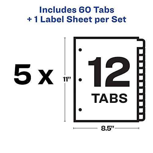 Avery 12-Tab Binder Dividers, Easy Print & Apply Clear Label Strip, Index Maker, White Tabs, 5 Sets, 6 Pack (11429)