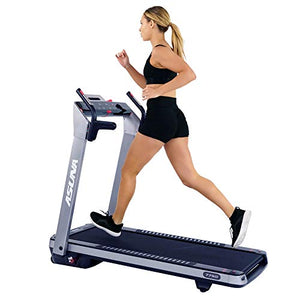 Sunny Health & Fitness ASUNA SpaceFlex Electric Running Treadmill with Auto Incline, LCD and Pulse Monitor, Speakers, Device Holder, 220 LB Max Weight, Folding and Transportation Wheels - 7750