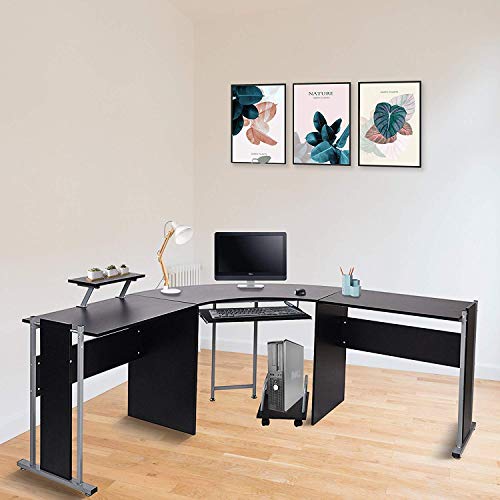 KARMAS PRODUCT L Shaped Computer Desk Modern Corner Table Wood Laptop Home Office Desks Black, 71.3x19.6x30.3in