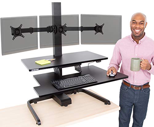 Stand Steady Techtonic | Electric 3 Arm Monitor Mount Standing Desk | Stand Up Desk Converter with Keyboard Tray Supports 3 Screens | Easy & Quiet Sit to Stand with the Push of a Button! (Black)