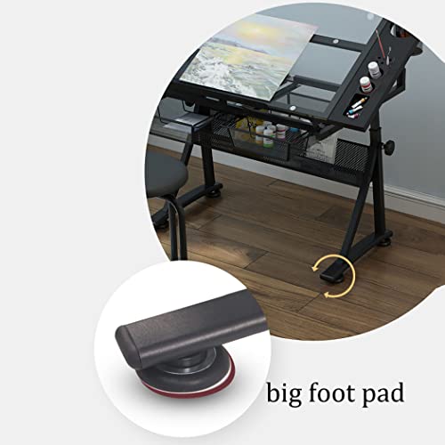 VejiA Adjustable Tempered Glass Drafting Table with Chair and Storage - Artwork Drawing Desk