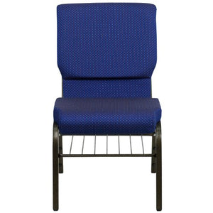 Flash Furniture Church Chair 4 Pack in Navy Blue Patterned Fabric with Book Rack - Gold Vein Frame