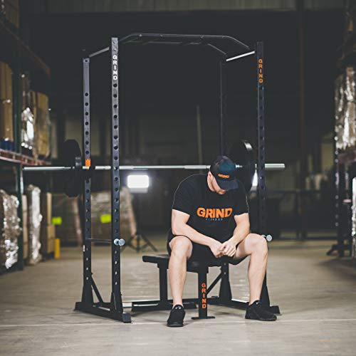 GRIND Fitness Alpha3000 Power Rack, Squat Rack with Barbell Holder, Silver Spotter Arm,2x2 Uprights, Textured Multi-Grip Pull Up Bar, Heavy Duty J-Cups (Alpha3000)