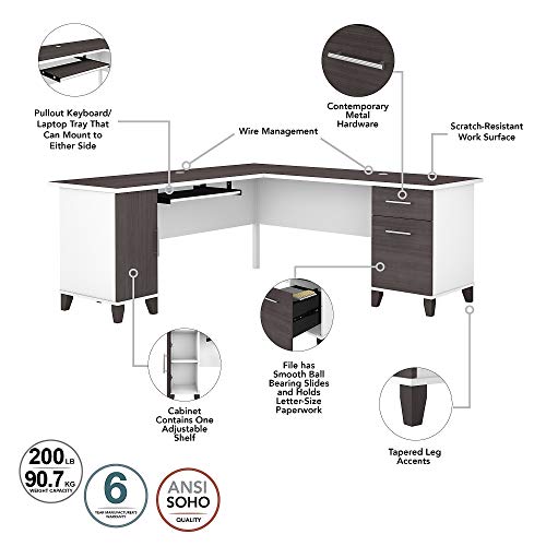 Bush Furniture Somerset 72W L Shaped Desk with Storage in White/Storm Gray