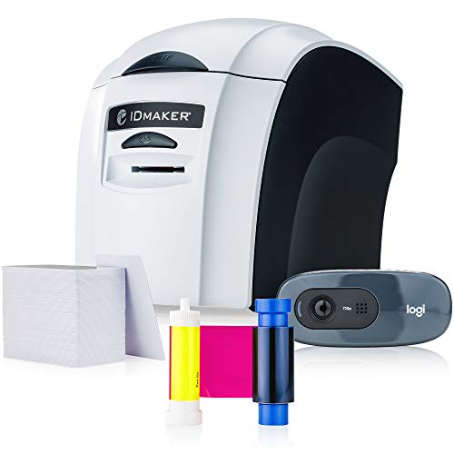 ID Maker Card Printer Machine & Supply Kit for Badge Printing - Print Professional Quality 1 Sided Identification Badges - IDMaker Software, Premium Camera, 100-Print Color Ribbon, 100 Blank PVC Cards