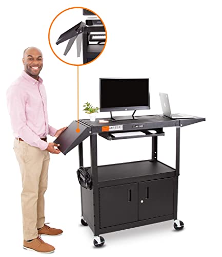 Stand Steady Line Leader Large AV Cart with Locking Cabinet & Drop Leaves, Rolling Height Adjustable Utility Cart with Pullout Laptop Keyboard Tray & Cord Management, Narrow Mobile Workstation (Black, 54 x 18)
