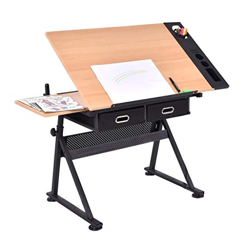 Lgan Drafting Table with Storage, Height Adjustable Tiltable Art Desk, Maple Panel Drawing Desk, for Work Study Painting Craft Table
