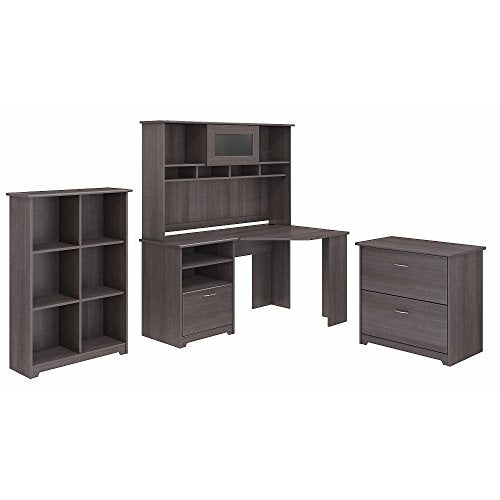 Cabot Corner Desk with Hutch, Lateral File Cabinet and 6 Cube Bookcase
