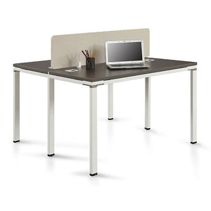 Element Two Person Workstation with Desktop Divider 59"W Driftwood Laminate Top/Beige Fabric/White Frame