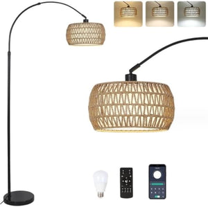 Habrur Boho Floor Lamp with Rattan & Fabric Shades - Modern Arc Floor Lamp