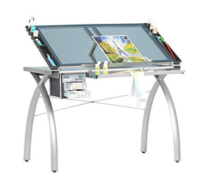 Offex Contemporary Blue Tempered Glass Top Futura Craft Station - Silver
