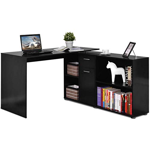 Tangkula L Shaped Desk Corner Desk, Home Office Wood Computer Workstation, Space Saving Computer Desk with Spacious Wooden Surface, Storage Shelves