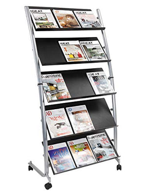 Alba - Mobile Display - Floor Standing Magazine Rack - Document and Newspapers Holder -5 Levels - 3 A4 Documents - Metallic - 4 Castors and Brakes - Easy Assembly - Gray and Black - DD5GM