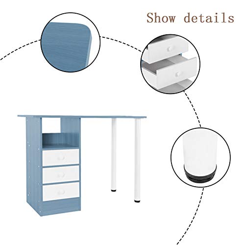Home Office Desk, Small Space White Computer Desk Modern Office Desk Sturdy Writing Workstation Laptop Desk with 3 Drawers for Bedroom Living Room 39.5x27.6'' (# Blue)
