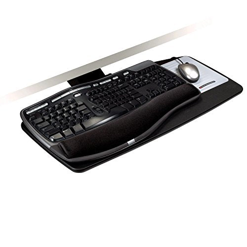 3M Keyboard Tray, Simply Turn Knob to Adjust Height and Tilt, Sturdy Tray Includes Gel Wrist Rest and Precise Mouse Pad, Swivels Side to Side and Stores Under Desk, 17" Track, Black (AKT60LE)