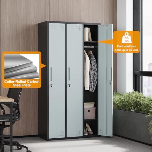 STANI Metal Lockers with Shelves and Lock, 71" Tall Steel Storage Cabinet (Black Grey, 3 Doors)