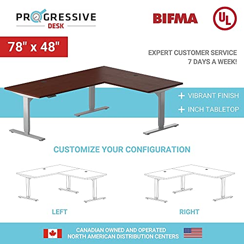 Progressive Automations L Shaped Height Adjustable Standing Desk 78" x 48" - Electric Stand Up Corner Computer Desk - White Frame/Gray Oak Top