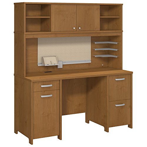 Bush Furniture Envoy Office Desk with Hutch and 2 Pedestals in Natural Cherry