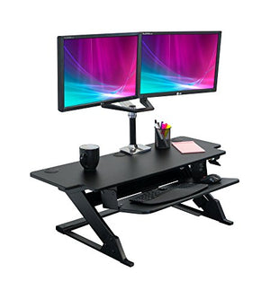 iMovR ZipLift+ 42" Standing Desk Converter with Ergonomic Tilting Keyboard Tray in Black with EverMat Portable Standing Mat