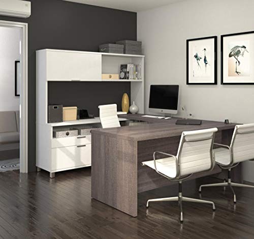 Bestar Pro-Linea U-Desk with Hutch, White/Bark Grey