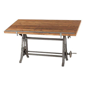Vintage Drafting Table | Beirut Industrial Artist Desk Also Used as Full Standing Desk with Reclaimed Wood Table Top. Crank Adjustable Desk with Iron Cast Base, and tilt top Desk.