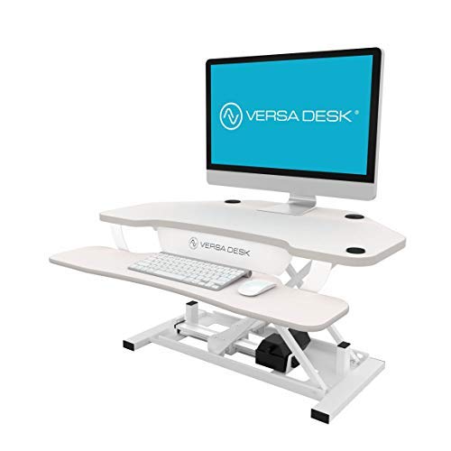 VersaDesk Power Pro Corner - 36" Electric Height-Adjustable Standing Desk - Sit to Stand Desktop with Keyboard and Mouse Tray - All White