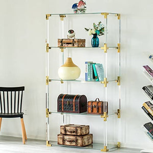 Fabulaxe Modern Acrylic Gold Metal 4 Shelf Etagere Bookcase with Glass Shelves