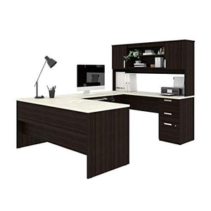 Bestar Ridgeley U-Shaped Executive Desk with Pedestal and Hutch 65W in White Chocolate