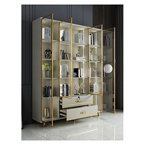 HIHELO White Glass Door Bookcase 160cm Gold Fashion Bookshelf
