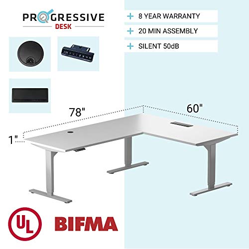 PROGRESSIVE AUTOMATIONS Desk L Shaped Standing Desk 78"" x60, Corner Standing Desk Adjustable Height, sit Stand Home Office Desk Electric - Corner Ryzer, Ebony ash, White Frame