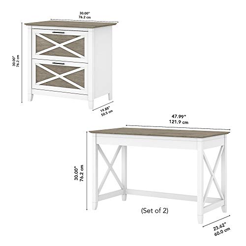 Bush Furniture Key West 2 Person Desk Set with Lateral File Cabinet, Pure White and Shiplap Gray
