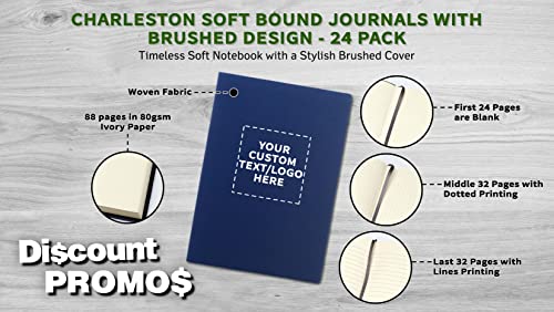 24 Charleston Soft Bound Journals Pack - Customizable Text, Logo - Ivory Paper, Dotted, Lines, With Bookmark - Blue